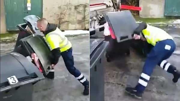 Søppelkjøreren prøver bare å gjøre jobben sin, mens kollegaen hans ler så han skriker!