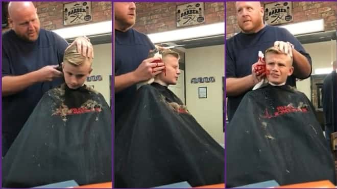 Gutten skremte frisøren, men se reaksjonen hans når han frisøren får revansje!