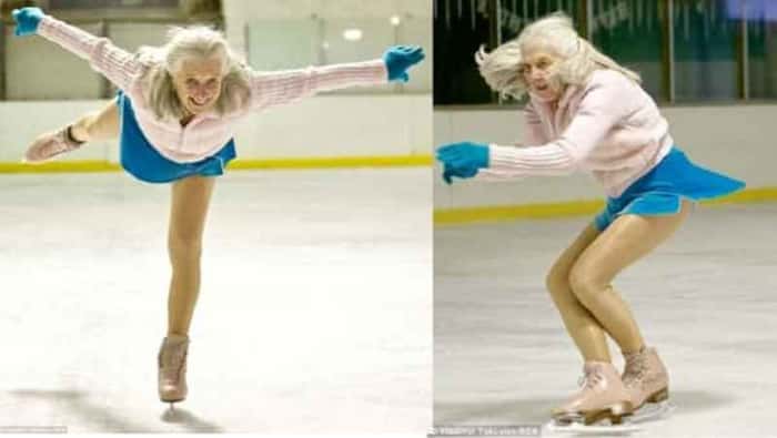 90-åringen sklir elegant ut på isen, sekunder etter imponerer hun alle!